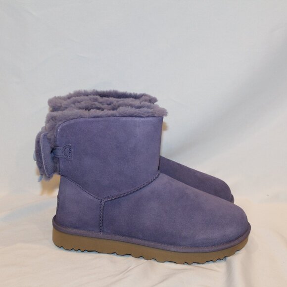 UGG WOMEN'S MINI BAILEY BOW SUEDE SHEARLING LINED ANKLE BOOTS PURPLE - Picture 3 of 9